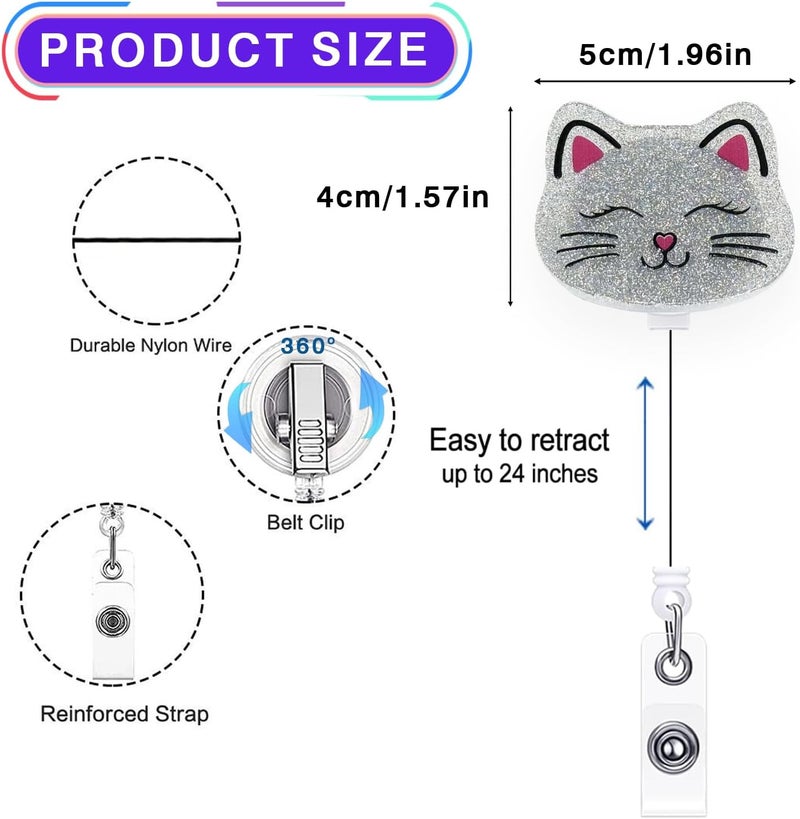 LEBEIGHT Cute Cat Badge Reel Retractable for Nurse Nursing RN Medical Worker & Teacher | Smiling Cat Funny Animal Pediatric Nurse Badge Holder with Alligator Clip & 24” Durable Nylon Retractable Cord | Acrylic - Image 2